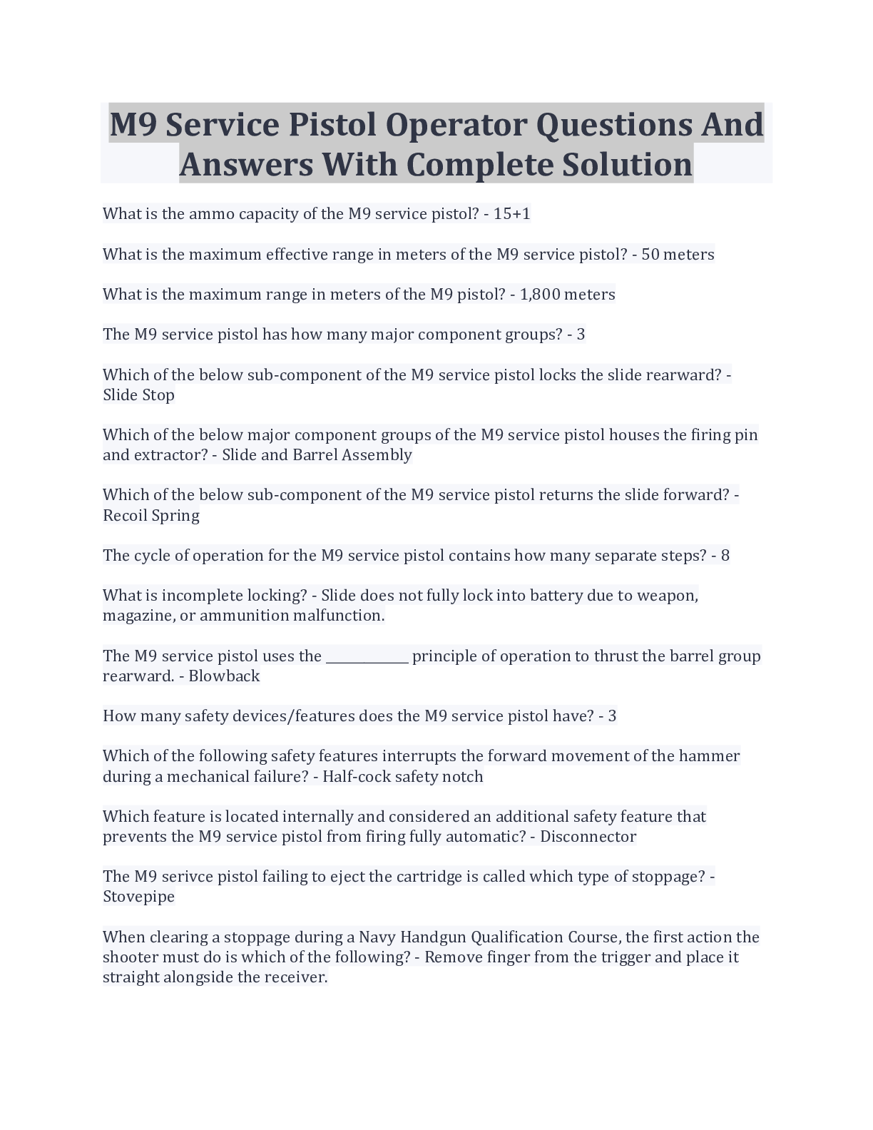 M9 Service Pistol Operator Questions And Answers With Complete Solution Browsegrades